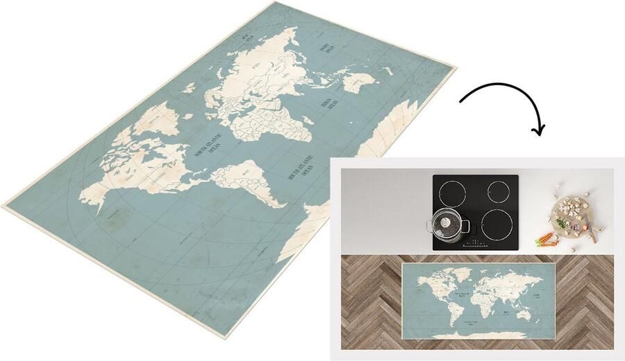 KitchenYeah Keukenloper Loper keuken Wereldkaart Vintage Blauw 120x60 cm Keukenloper vinyl