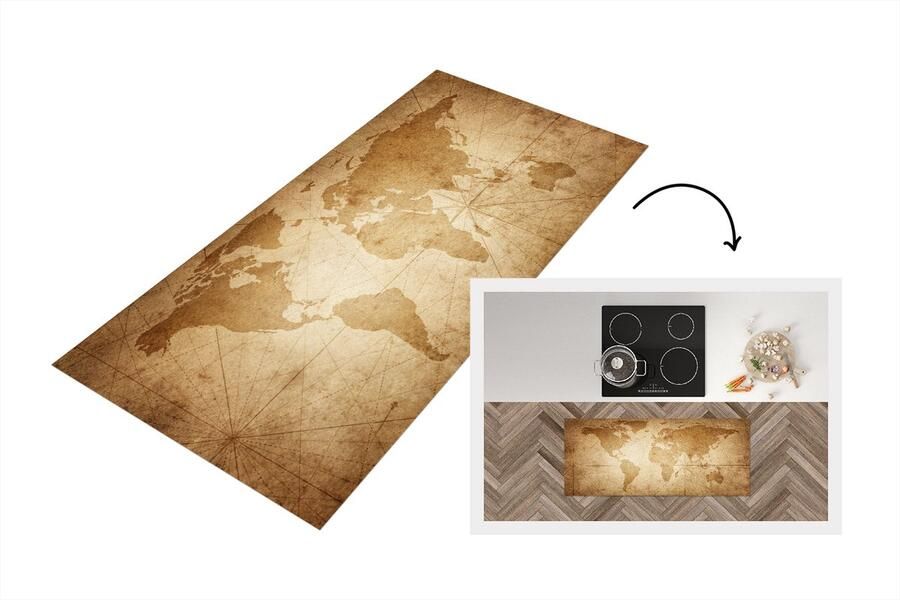 KitchenYeah Keukenloper Loper keuken Wereldkaart Vintage Papyrus 120x50 cm Keukenloper vinyl