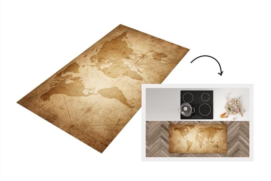 KitchenYeah Keukenloper Loper keuken Wereldkaart Vintage Papyrus 120x60 cm Keukenloper vinyl