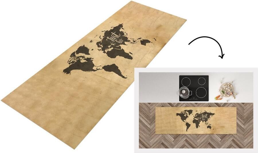 KitchenYeah Keukenloper Loper keuken Wereldkaart Vintage Spreuk 150x50 cm Keukenloper vinyl