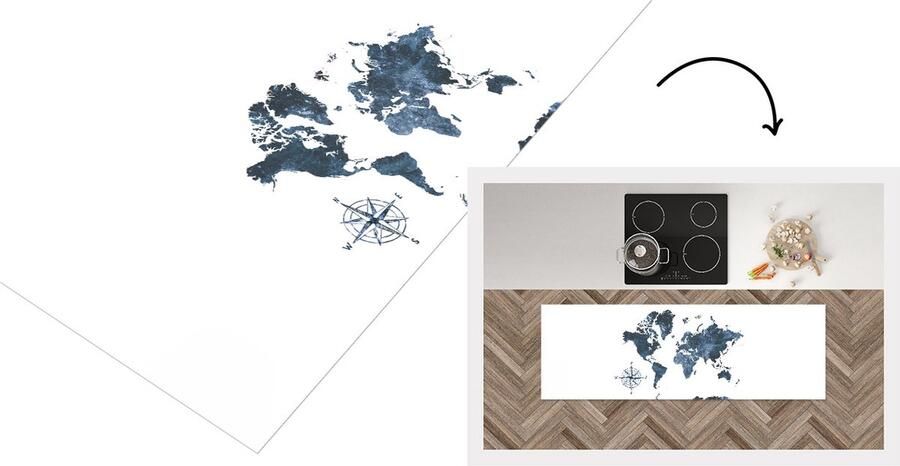 KitchenYeah Keukenloper Loper keuken Wereldkaart Waterverf Blauw 180x60 cm Keukenloper vinyl
