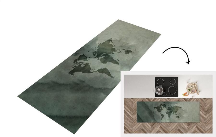 KitchenYeah Keukenloper Loper keuken Wereldkaart Waterverf Grijs 180x60 cm Keukenloper vinyl