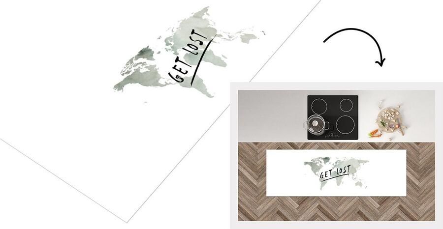 KitchenYeah Keukenloper Loper keuken Wereldkaart Waterverf Quotes 180x60 cm Keukenloper vinyl