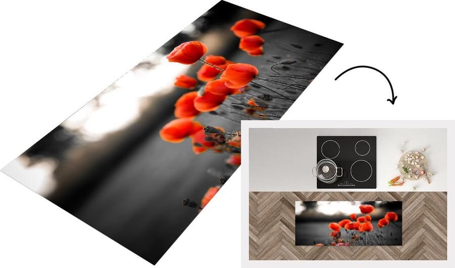 KitchenYeah Keukenloper Loper keuken Wilde rode klaprozen in een groot veld met een zwart witte achtergrond 120x50 cm Keukenloper vinyl