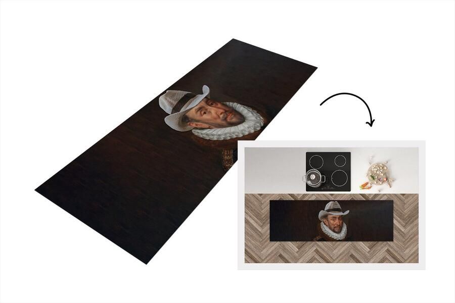 KitchenYeah Keukenloper Loper keuken Willem van Oranje Adriaen Thomasz Cowboyhoed 180x60 cm Keukenloper vinyl