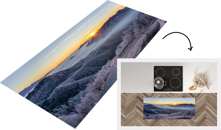 KitchenYeah Keukenloper Loper keuken Winter Bergen Zon Avond 120x50 cm Keukenloper vinyl