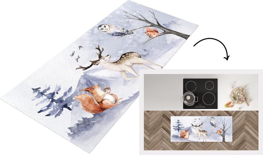 KitchenYeah Keukenloper Loper keuken Winter Hert Eekhoorn 120x50 cm Keukenloper vinyl
