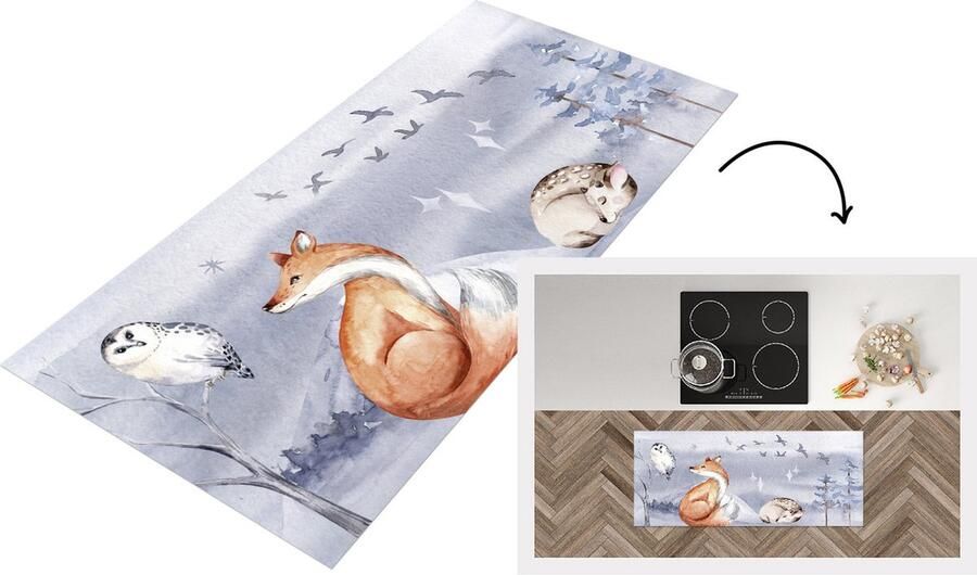 KitchenYeah Keukenloper Loper keuken Winter Uil Vos Hert 120x50 cm Keukenloper vinyl