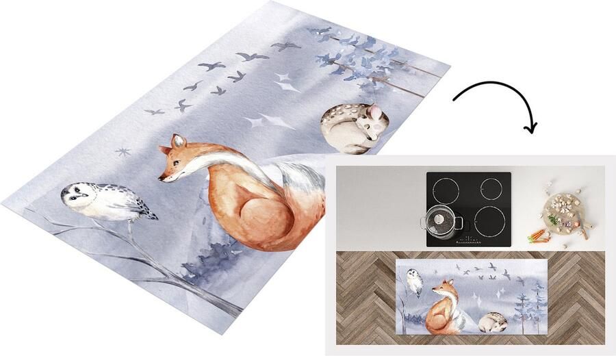 KitchenYeah Keukenloper Loper keuken Winter Uil Vos Hert 120x60 cm Keukenloper vinyl