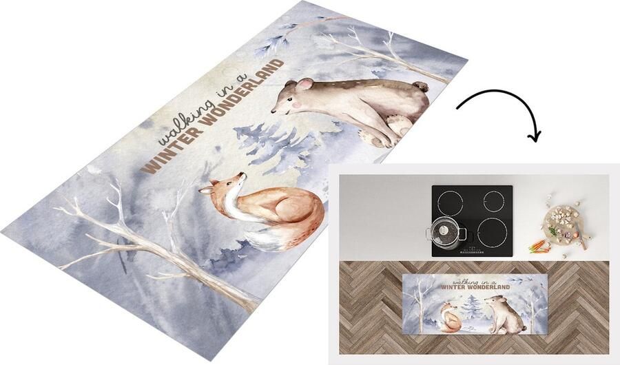 KitchenYeah Keukenloper Loper keuken Winter Vos Sneeuw Beer 120x50 cm Keukenloper vinyl