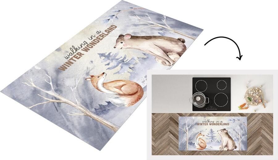 KitchenYeah Keukenloper Loper keuken Winter Vos Sneeuw Beer 120x60 cm Keukenloper vinyl