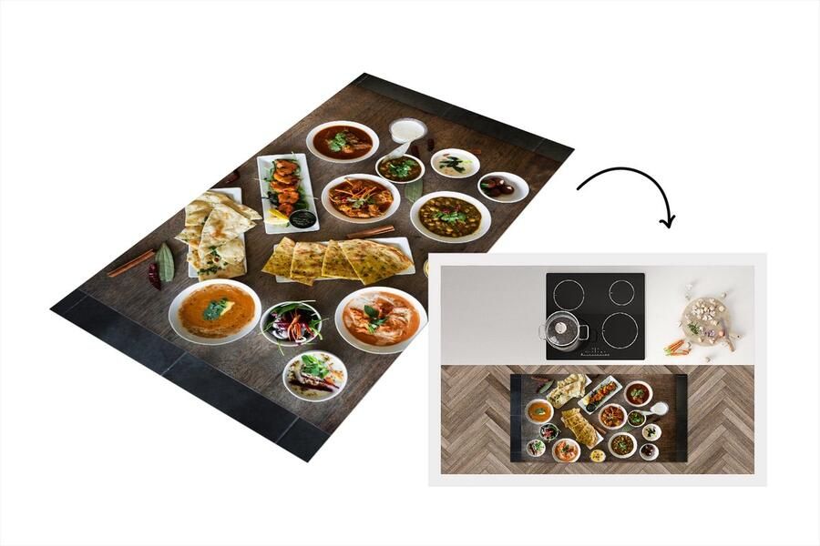 KitchenYeah Keukenloper Loper keuken Witte borden en schalen gevuld met Indiaas eten op een houten tafel 120x60 cm Keukenloper vinyl
