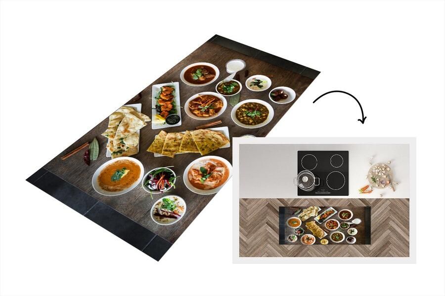 KitchenYeah Keukenloper Loper keuken Witte borden en schalen gevuld met Indiaas eten op een houten tafel 120x50 cm Keukenloper vinyl
