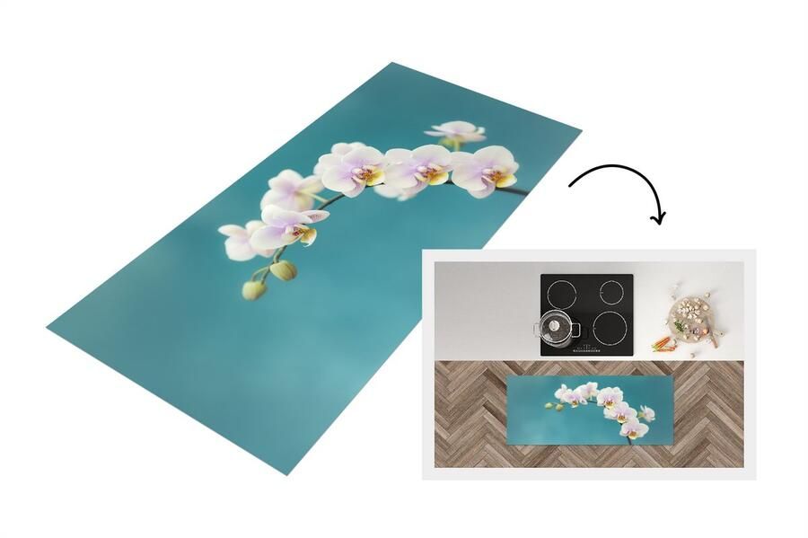 KitchenYeah Keukenloper Loper keuken Witte orchideeën op blauw 120x50 cm Keukenloper vinyl