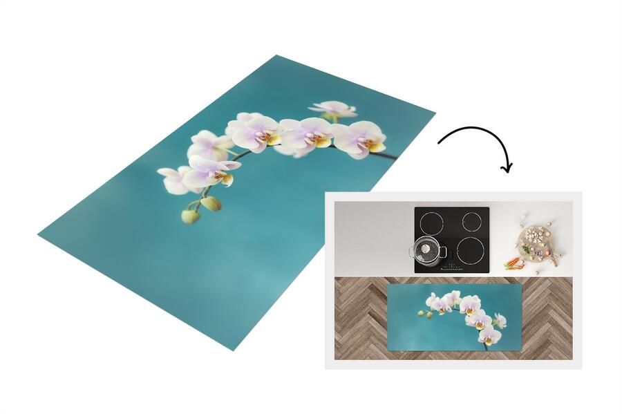 KitchenYeah Keukenloper Loper keuken Witte orchideeën op blauw 120x60 cm Keukenloper vinyl