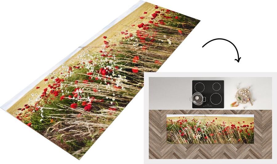KitchenYeah Keukenloper Loper keuken Wolken Bloemen Rood 180x60 cm Keukenloper vinyl