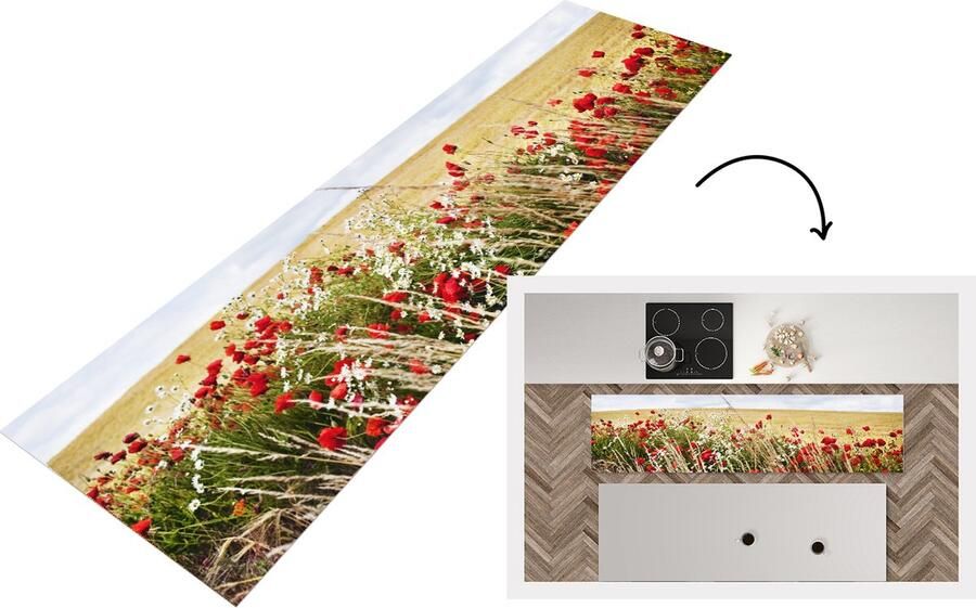 KitchenYeah Keukenloper Loper keuken Wolken Bloemen Rood 240x60 cm Keukenloper vinyl