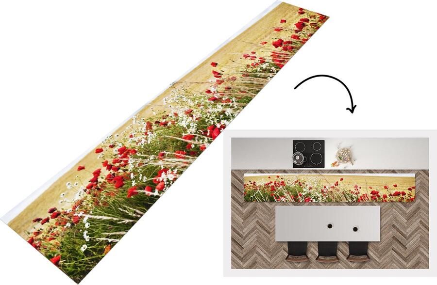 KitchenYeah Keukenloper Loper keuken Wolken Bloemen Rood 300x50 cm Keukenloper vinyl