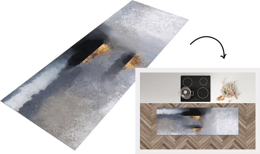 KitchenYeah Keukenloper Loper keuken Wolken Gold Abstract 180x60 cm Keukenloper vinyl