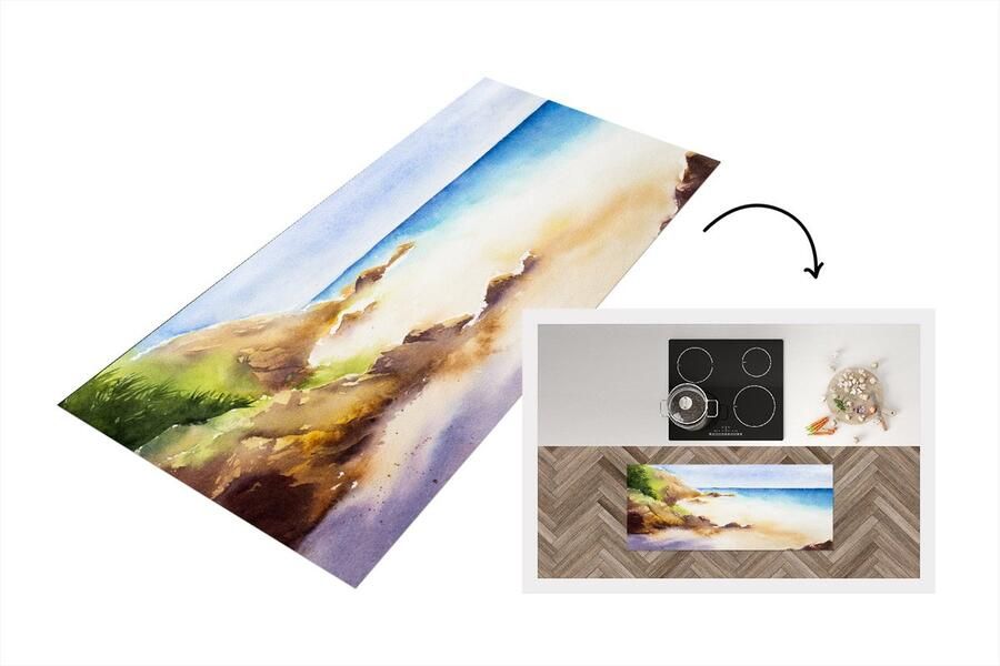 KitchenYeah Keukenloper Loper keuken Zee Berg Waterverf 120x50 cm Keukenloper vinyl