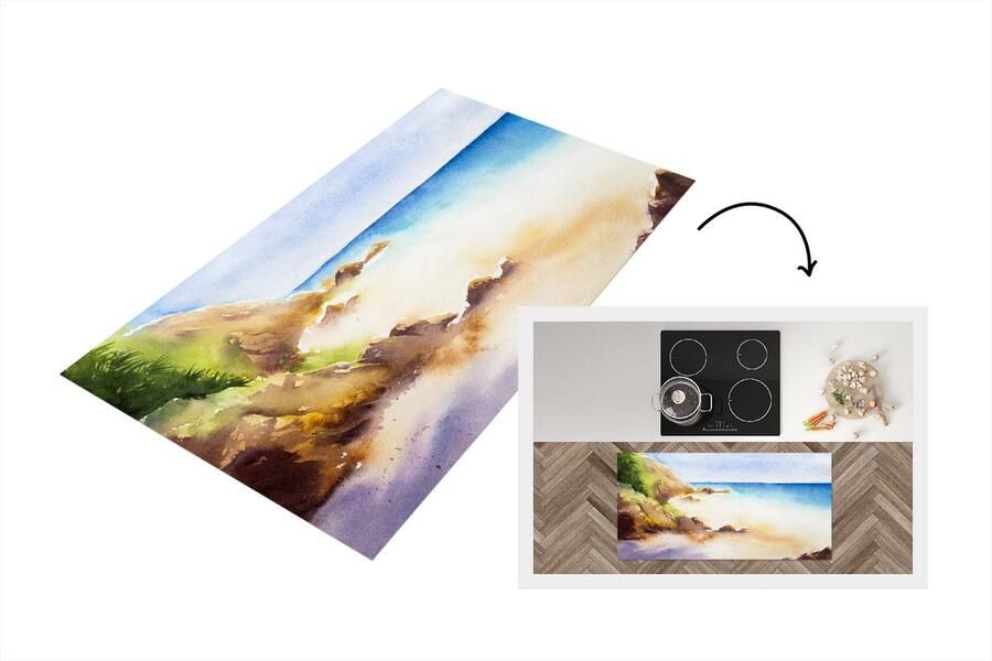 KitchenYeah Keukenloper Loper keuken Zee Berg Waterverf 120x60 cm Keukenloper vinyl