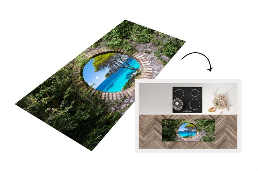 KitchenYeah Keukenloper Loper keuken Zee Boom Tropisch Doorkijk 120x50 cm Keukenloper vinyl