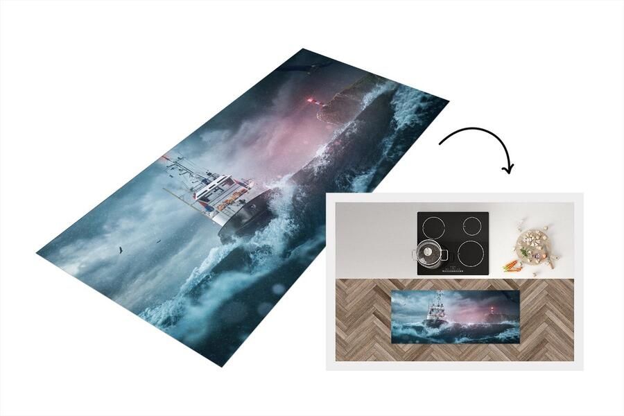 KitchenYeah Keukenloper Loper keuken Zee Boot Storm Vuurtoren 120x50 cm Keukenloper vinyl