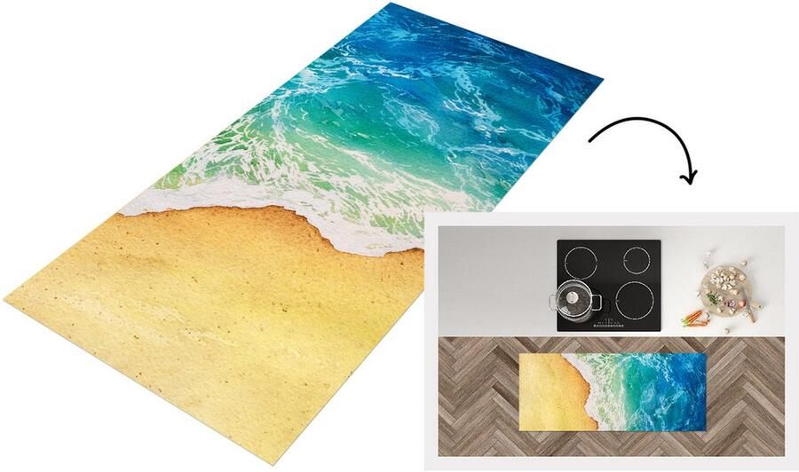 KitchenYeah Keukenloper Loper keuken Zee Golf Strand 120x50 cm Keukenloper vinyl