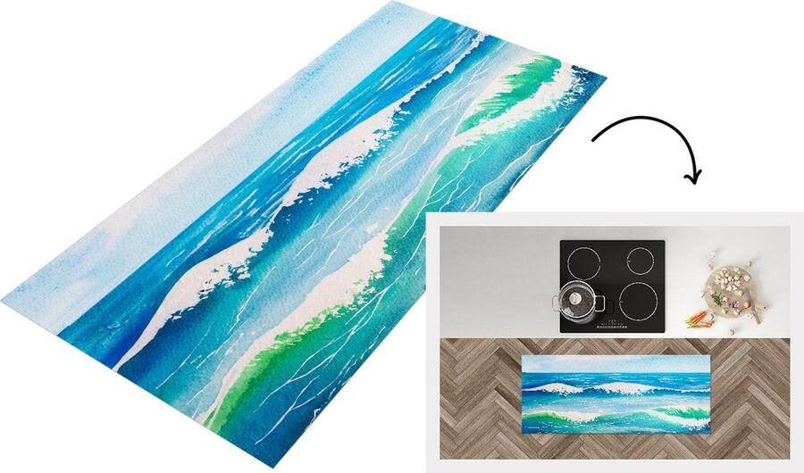 KitchenYeah Keukenloper Loper keuken Zee Golf Waterverf 120x50 cm Keukenloper vinyl