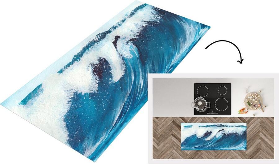 KitchenYeah Keukenloper Loper keuken Zee Golf Waterverf 120x50 cm Keukenloper vinyl