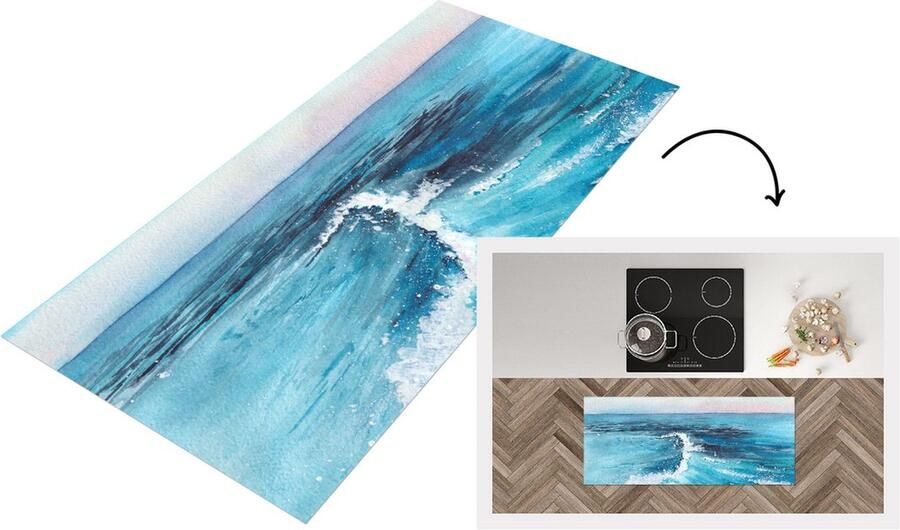 KitchenYeah Keukenloper Loper keuken Zee Golf Waterverf 120x50 cm Keukenloper vinyl