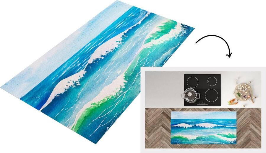 KitchenYeah Keukenloper Loper keuken Zee Golf Waterverf 120x60 cm Keukenloper vinyl