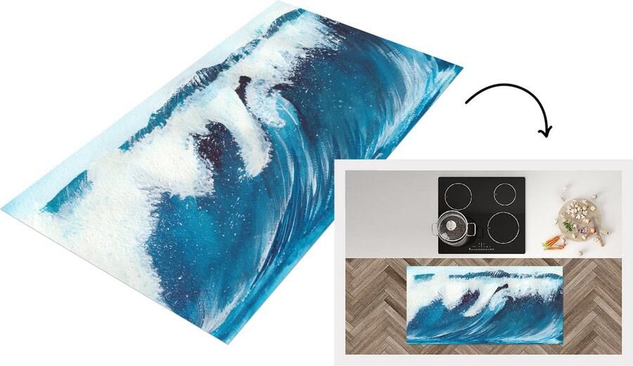 KitchenYeah Keukenloper Loper keuken Zee Golf Waterverf 120x60 cm Keukenloper vinyl