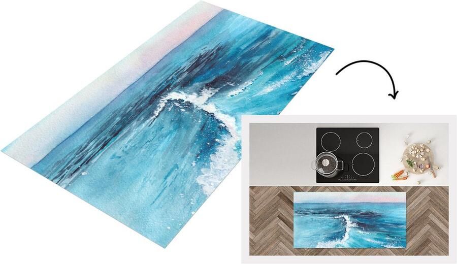 KitchenYeah Keukenloper Loper keuken Zee Golf Waterverf 120x60 cm Keukenloper vinyl