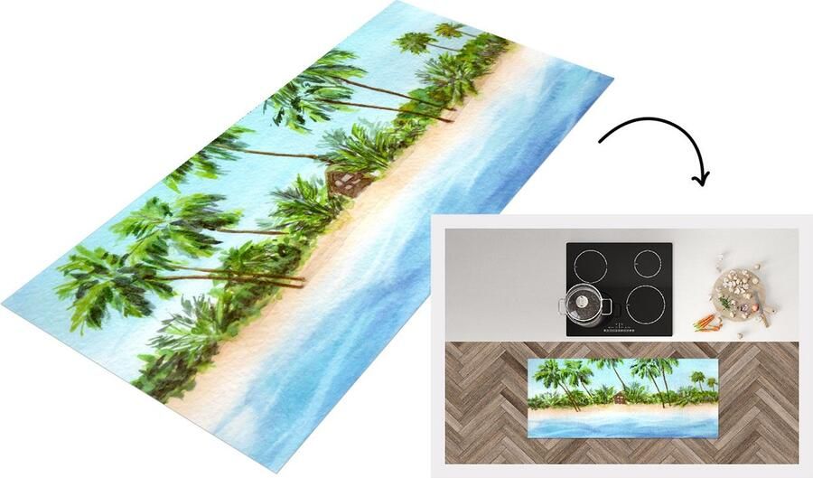 KitchenYeah Keukenloper Loper keuken Zee Hut Palmboom 120x50 cm Keukenloper vinyl