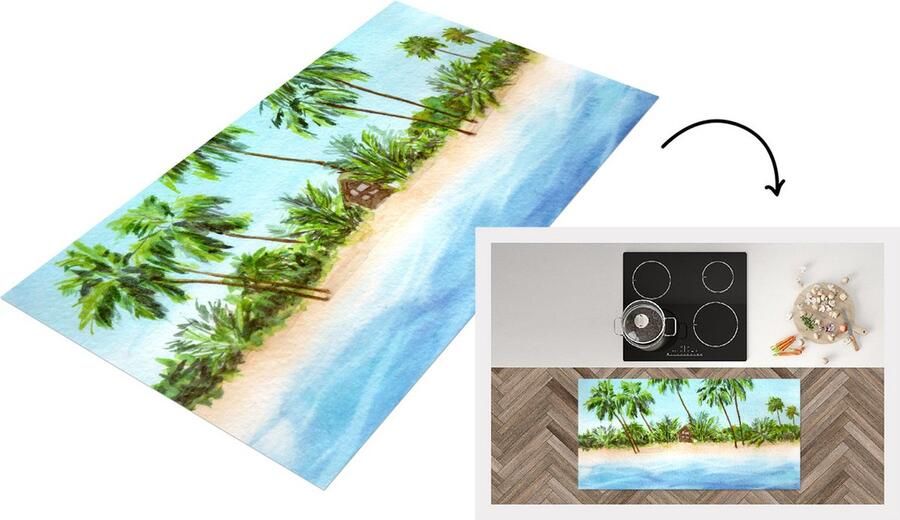 KitchenYeah Keukenloper Loper keuken Zee Hut Palmboom 120x60 cm Keukenloper vinyl