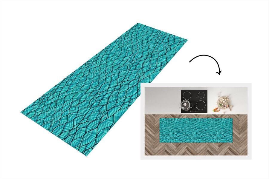 KitchenYeah Keukenloper Loper keuken Zee Japan Blauw Patronen 150x50 cm Keukenloper vinyl