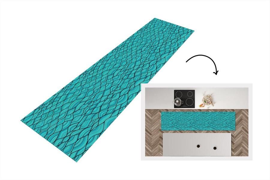 KitchenYeah Keukenloper Loper keuken Zee Japan Blauw Patronen 200x50 cm Keukenloper vinyl