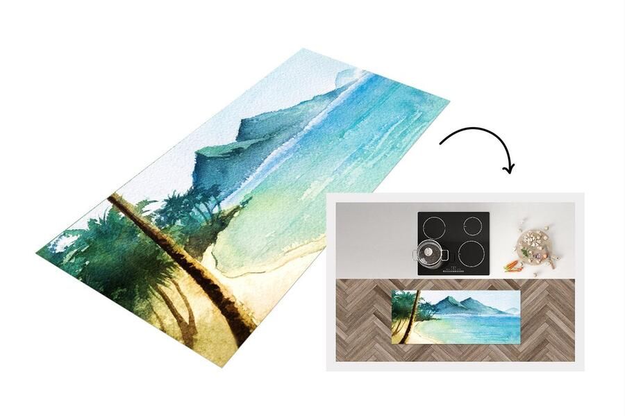 KitchenYeah Keukenloper Loper keuken Zee Palmboom Berg 120x50 cm Keukenloper vinyl