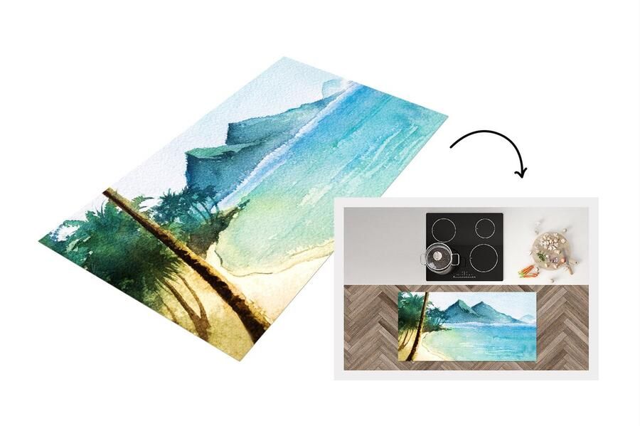 KitchenYeah Keukenloper Loper keuken Zee Palmboom Berg 120x60 cm Keukenloper vinyl