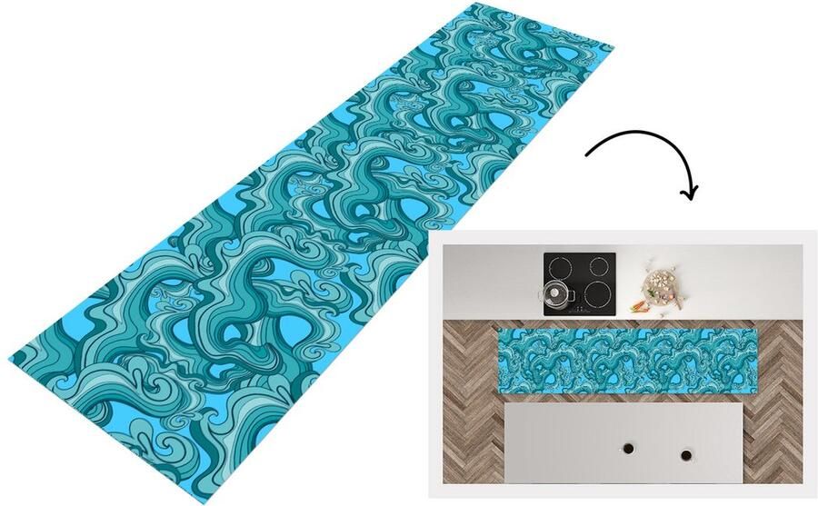 KitchenYeah Keukenloper Loper keuken Zee Patronen Marmer 240x60 cm Keukenloper vinyl