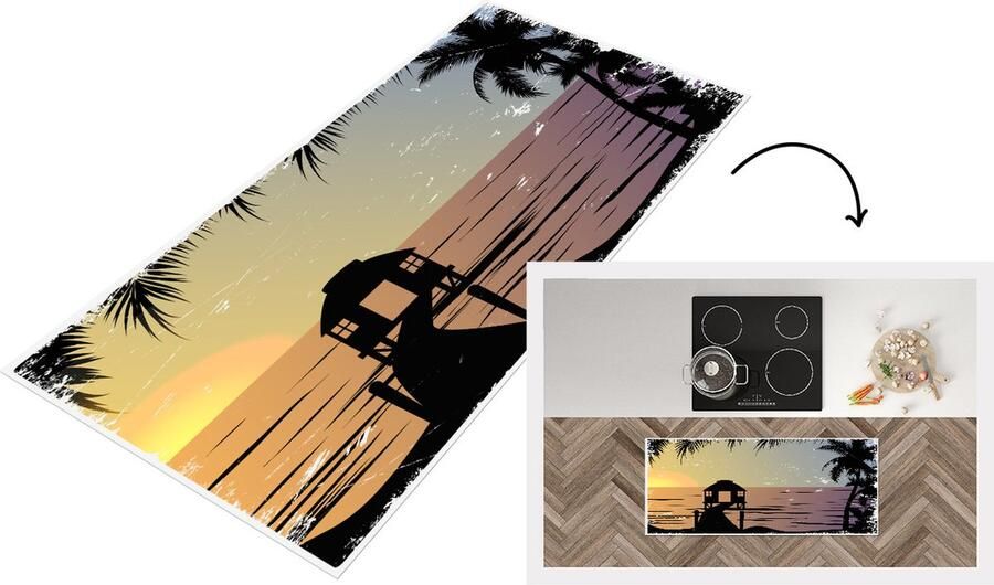 KitchenYeah Keukenloper Loper keuken Zee Pier Palmbladeren Nacht 120x50 cm Keukenloper vinyl