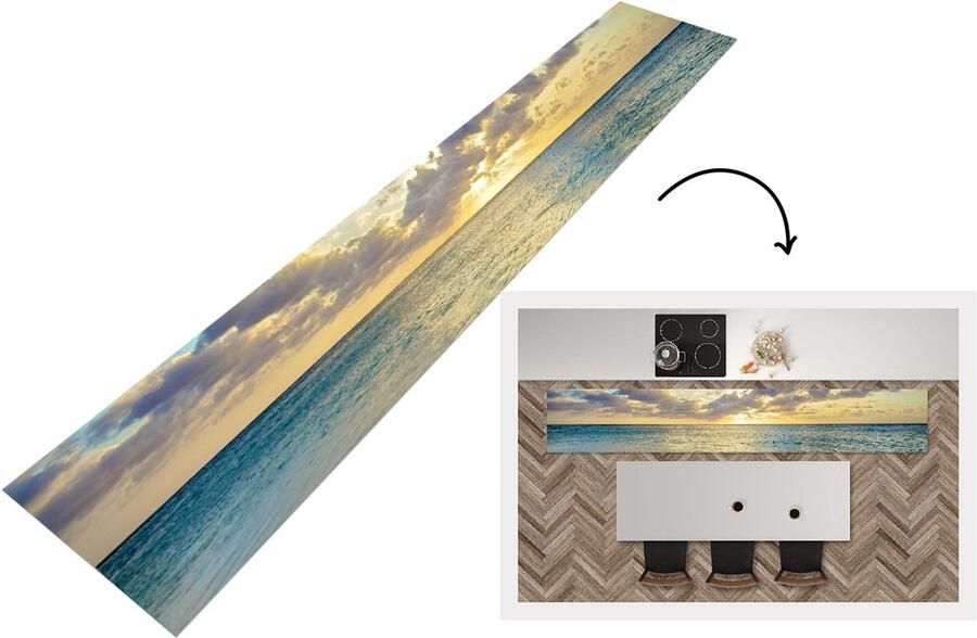 KitchenYeah Keukenloper Loper keuken Zee Strand Wolken Zon 300x50 cm Keukenloper vinyl