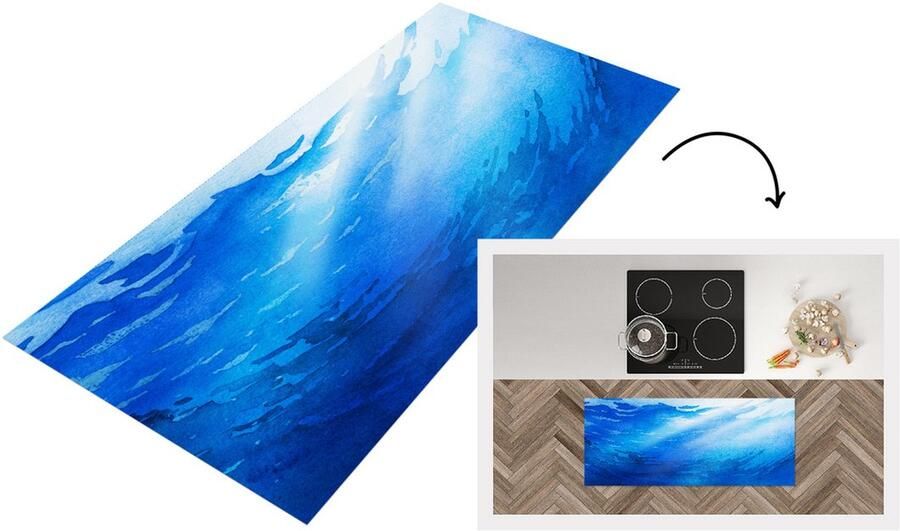 KitchenYeah Keukenloper Loper keuken Zee Zon Blauw 120x50 cm Keukenloper vinyl