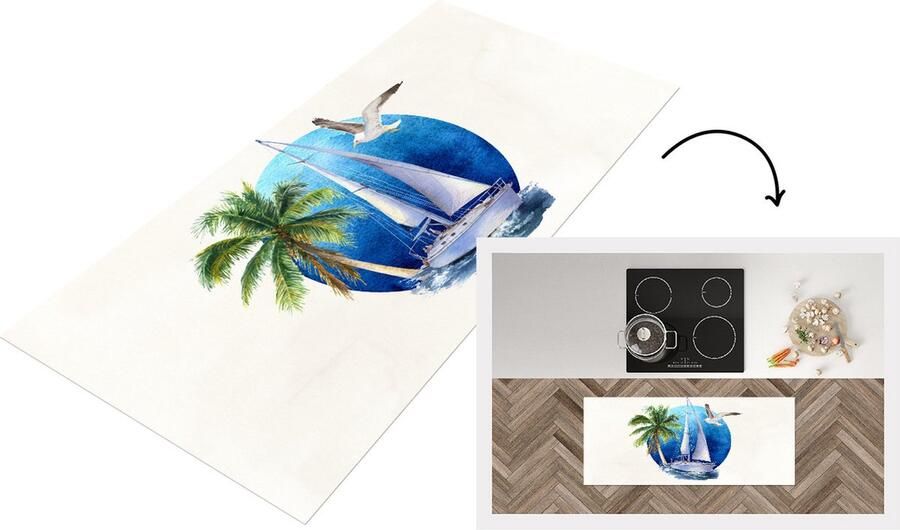 KitchenYeah Keukenloper Loper keuken Zeilboot Vogel Palmboom Zee 120x50 cm Keukenloper vinyl