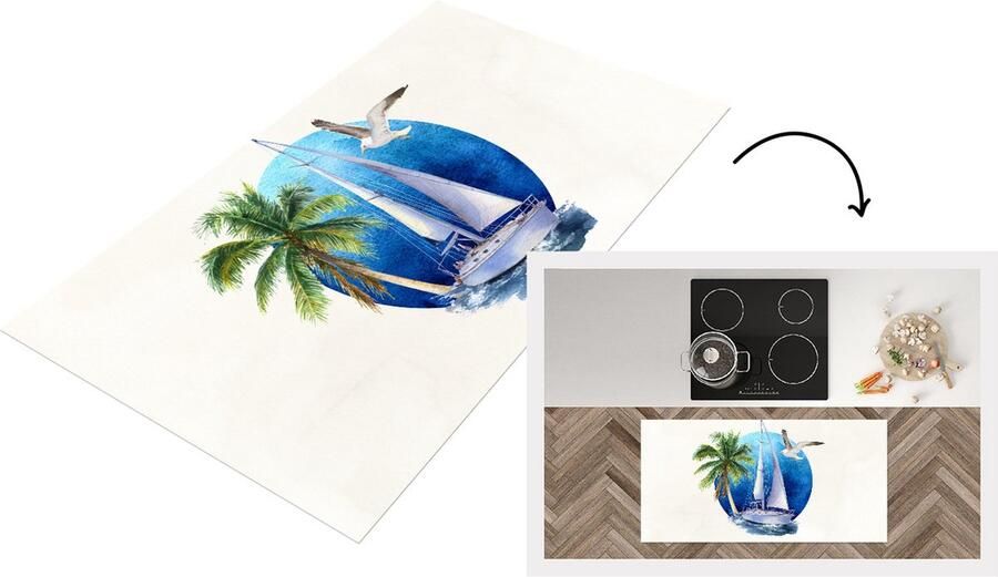 KitchenYeah Keukenloper Loper keuken Zeilboot Vogel Palmboom Zee 120x60 cm Keukenloper vinyl