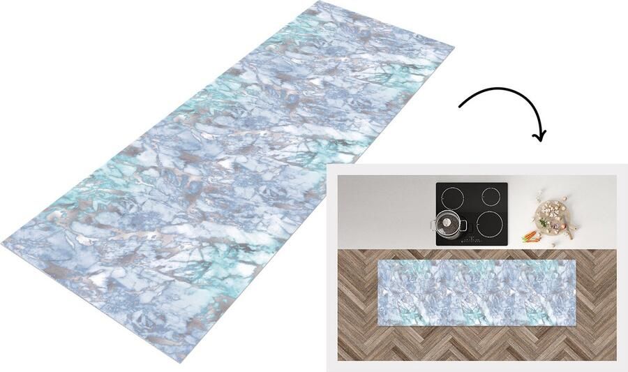 KitchenYeah Keukenloper Loper keuken Zilver Blauw Patroon Marmer 150x50 cm Keukenloper vinyl
