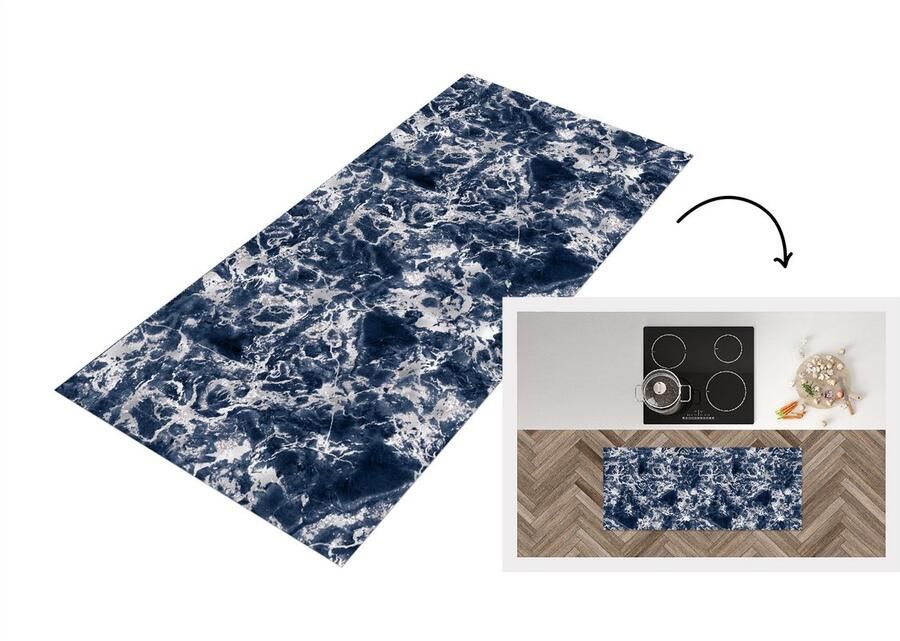 KitchenYeah Keukenloper Loper keuken Zilver Marmer Patronen Blauw 120x50 cm Keukenloper vinyl