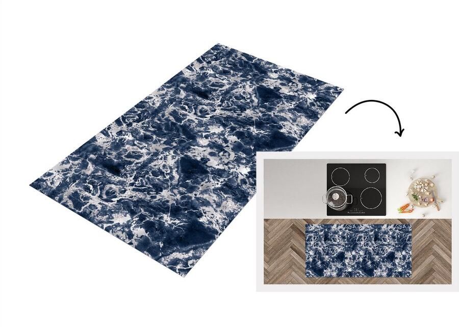 KitchenYeah Keukenloper Loper keuken Zilver Marmer Patronen Blauw 120x60 cm Keukenloper vinyl