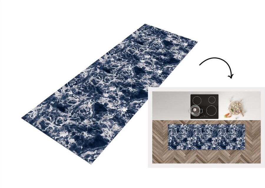 KitchenYeah Keukenloper Loper keuken Zilver Marmer Patronen Blauw 180x60 cm Keukenloper vinyl